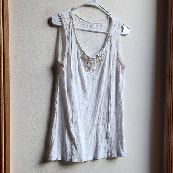 LOFT Ivory Beaded V-Neck Tank Top Size Small - Picture 4 of 15
